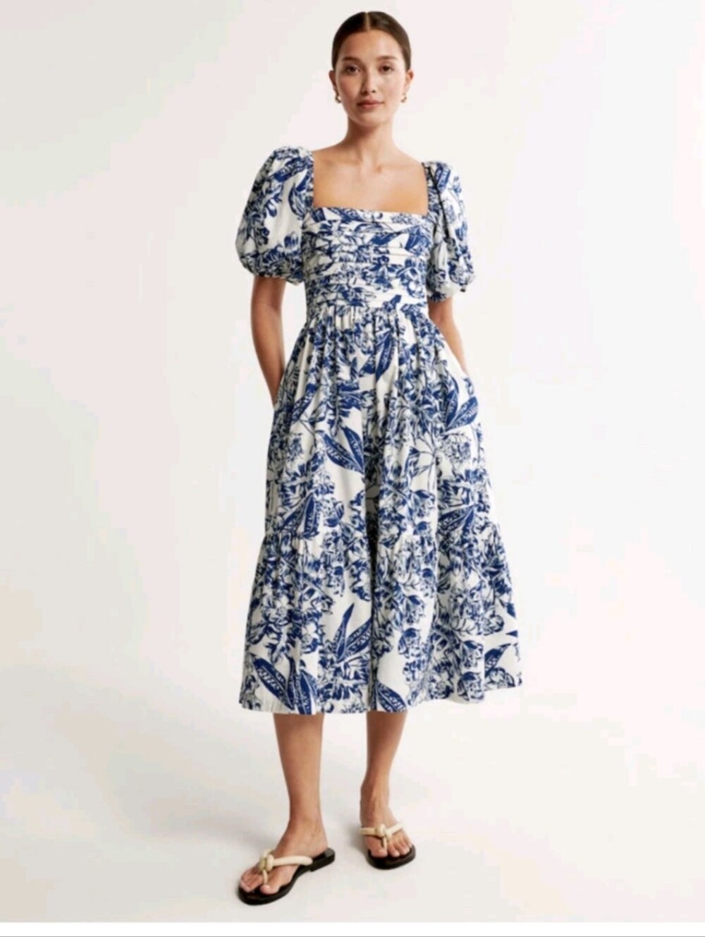 Abercrombie & Fitch Emerson Poplin Puff Sleeve Midi Dress Blue Floral S Petite